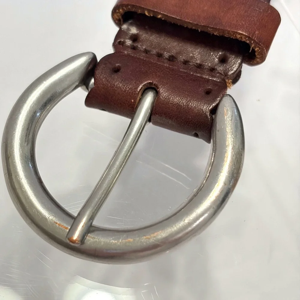 Eddie Bauer Brown Leather Scalloped Whipstitch Studded Belt Made in England S/M